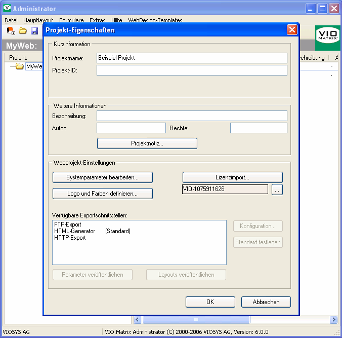  vergeben Sie im Feld „Projektname” einen Projektnamen, bspw. „Beispiel-Projekt” klicken Sie auf den Button Systemparameter 