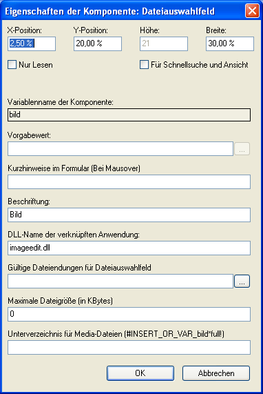 Die Konfiguration des Dateiauswahlfeldes „bild”. 